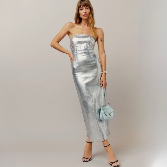 Reformation Dresses & Skirts - Reformation Eugenia Denim Midi Dress Silver Coated Size 0 NEW